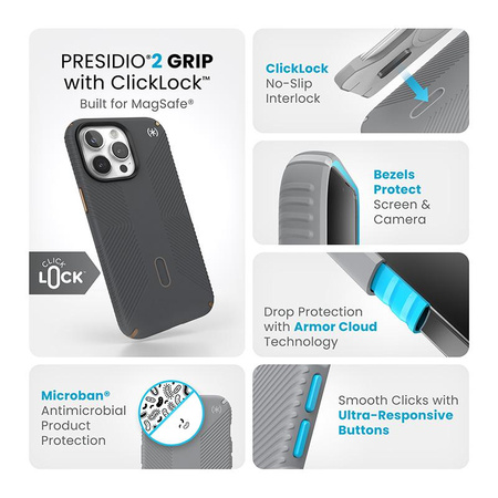 Speck Presidio2 Grip ClickLock & MagSafe - pouzdro pro iPhone 15 Pro Max (Charcoal Grey / Cool Bronze)