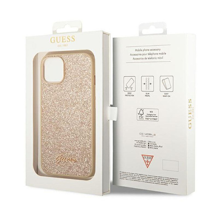 Guess Glitter Flakes Metal Logo Case - iPhone 14 Plus Case (Gold)
