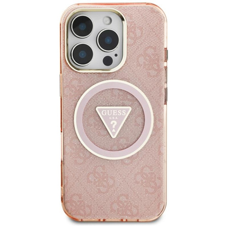 Guess IML Metal Glitter 4G Circle Triangle MagSafe - Coque pour iPhone 16 Pro (rose)