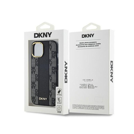 DKNY Leather Checkered Mono Pattern MagSafe - Hülle für iPhone 15 / 14 / 13 (Schwarz)