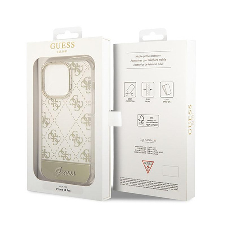 Guess 4G Stripe Script Logo Galvanizovaný vzor - pouzdro pro iPhone 14 Pro (zlaté)