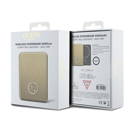 Guess 4G Strassed Metal Logo MagSafe - Power Bank à induction 5000 mAh 15W MagSafe (Gold)