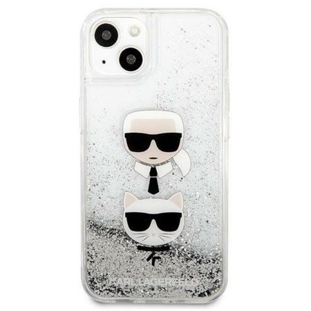 Karl Lagerfeld Liquid Glitter Karl & Choupette Head - pouzdro na iPhone 13 mini (stříbrné)