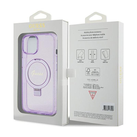 Guess Ring Stand Script Glitter MagSafe - iPhone 15 Case (violet)
