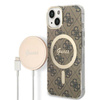 Guess Bundle Pack MagSafe 4G - pouzdro MagSafe pro iPhone 14 Plus + sada nabíječky (hnědá/zlatá)