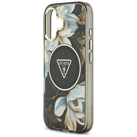 Guess IML Glitter Flowers Triangle MagSafe - Pouzdro iPhone 17 (černý)