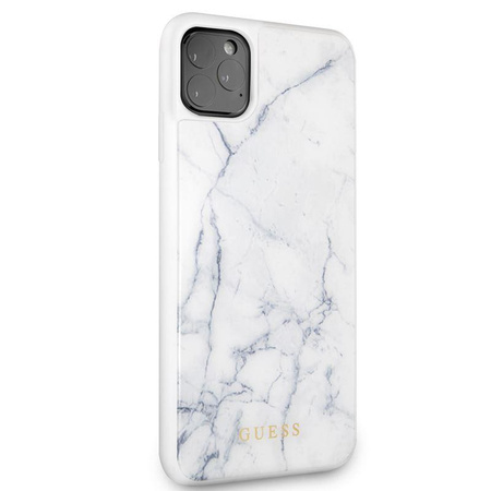 Coque rigide en verre trempé Guess Marble - Coque iPhone 11 Pro Max (blanc)