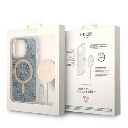 Guess Bundle Pack MagSafe 4G - pouzdro MagSafe pro iPhone 14 Pro + sada nabíječky (modrá/zlatá)