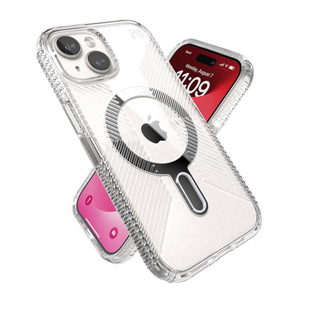 Speck Presidio Perfect-Clear Grip ClickLock & Magsafe - Coque pour iPhone 15 (Transparente / Finition chromée / Argent Serein)