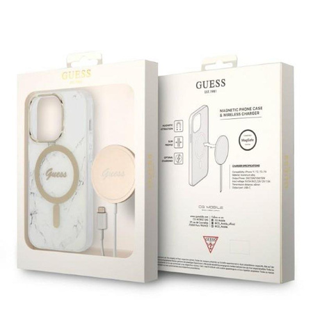 Guess Bundle Pack MagSafe IML Marble - MagSafe iPhone 14 Pro Max Case + Charger Set (white/gold)