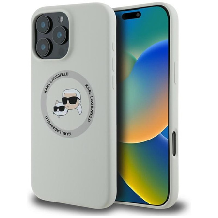 Karl Lagerfeld Silikonové pouzdro MagSafe s dvojitou hlavou a kruhem pro iPhone 16 Pro Max (béžové)
