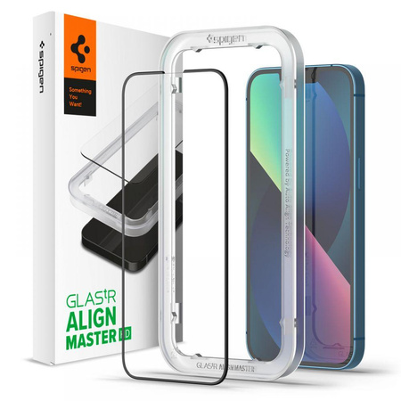 Spigen Alm Glass FC - gehärtetes Glas für iPhone 16e / iPhone 14 / iPhone 13 / iPhone 13 Pro (schwarzer Rahmen)