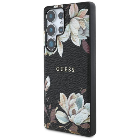 Guess Genarbtes gedrucktes Blumenmuster MagSafe - Hülle für Samsung Galaxy S25 Ultra (schwarz)