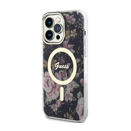Guess Flower MagSafe - Schutzhülle für iPhone 14 Pro Max (Schwarz)