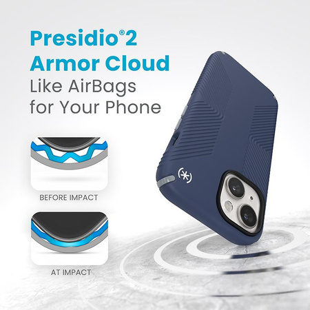 Speck Presidio2 Grip - pouzdro iPhone 16e / iPhone 15 / iPhone 14 / iPhone 13 (pobřežní modrá / prachově šedá / bílá)