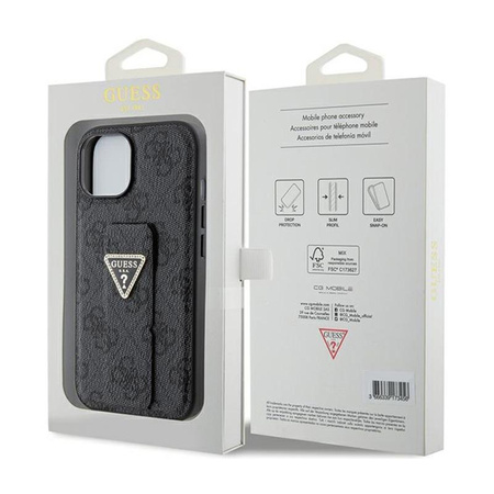 Guess Grip Stand 4G Triangle Strass Logo - pouzdro pro iPhone 15 (černé)