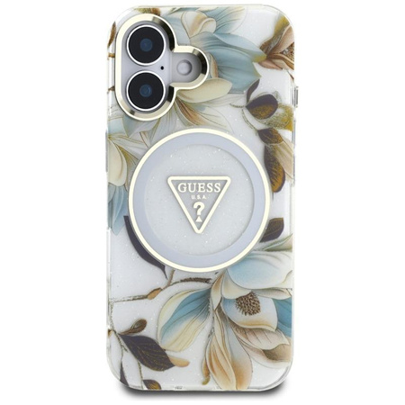 Guess Glitter Flowers Triangle Buttons MagSafe - Hülle für iPhone 16 (weiß)