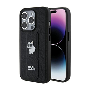 Karl Lagerfeld Gripstand Saffiano Choupette Pins - iPhone 15 Pro Tasche (schwarz)
