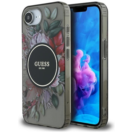 Guess IML Flowers MagSafe - tok iPhone 16e készülékhez (fekete)