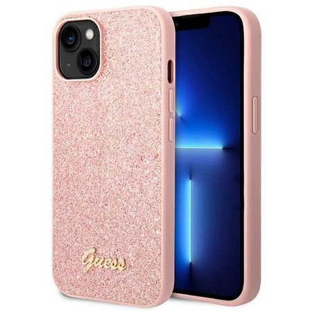 Pouzdro Guess Glitter Flakes Metal Logo - iPhone 14 Plus (růžové)