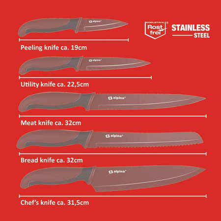 Alpina - Zestaw noży ze stali nierdzewnej (bordowy)