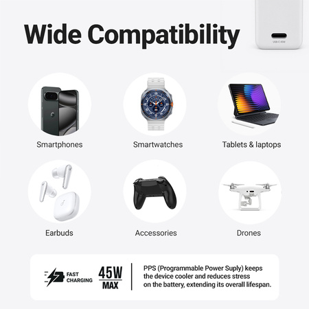 Crong Ultra Compact GaN - USB-C 45W PD 3.0 Wall Charger with PPS (White)