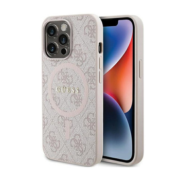 Kožené pouzdro Guess 4G Collection s kovovým logem MagSafe - iPhone 13 Pro (růžové)