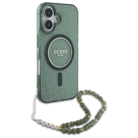 Guess IML Glitter With Pearl Strap MagSafe - pouzdro pro iPhone 16 Plus (zelené)