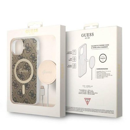 Guess Bundle Pack MagSafe 4G - pouzdro MagSafe pro iPhone 14 Plus + sada nabíječky (hnědá/zlatá)