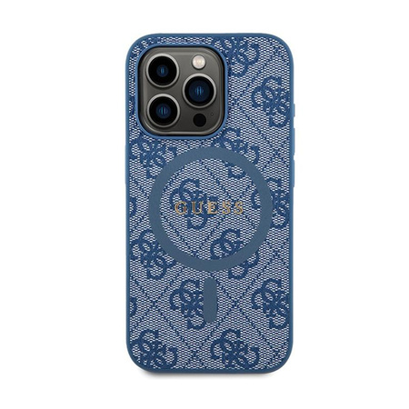 Guess 4G Collection Cuir Logo Métal MagSafe - Étui pour iPhone 14 Pro (bleu)