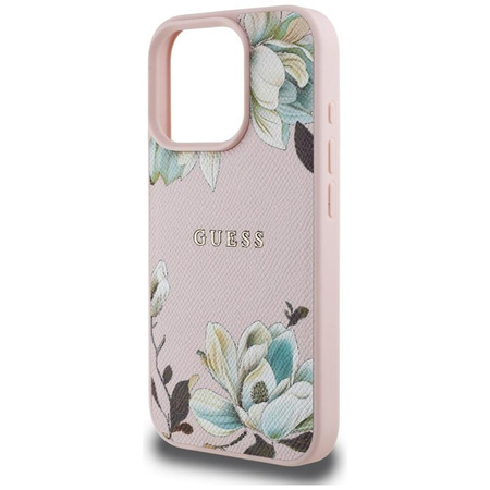 Guess MagSafe - pouzdro s potiskem květin pro iPhone 16 Pro Max (růžové)
