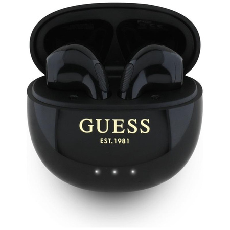 Guess Glossy Effect Egg Shape Printed Classic Logo – TWS Bluetooth sluchátka + nabíjecí pouzdro (černá)