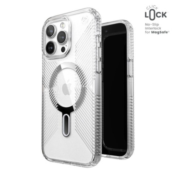 Speck Presidio Perfect-Clear Grip ClickLock & MagSafe - iPhone 15 Pro Max Case (Clear / Chrome Finish / Serene Silver)