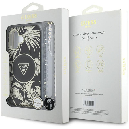 Guess Palm Trees Triangle Pearl Strap MagSafe - étui pour iPhone 16 (noir)