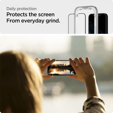 Spigen Alm Glass FC - gehärtetes Glas für iPhone 16e / iPhone 14 / iPhone 13 / iPhone 13 Pro (schwarzer Rahmen)