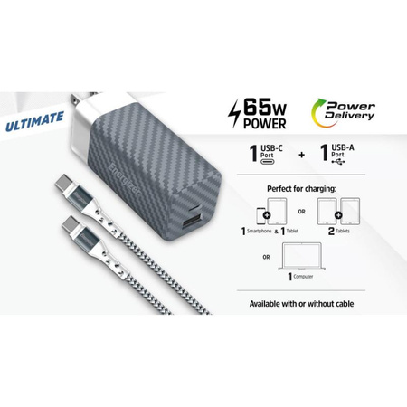 Energizer Ultimate - Multiplug EU / UK / US GaN USB-C & USB-A 65W PD mains charger + USB-C cable (Black)