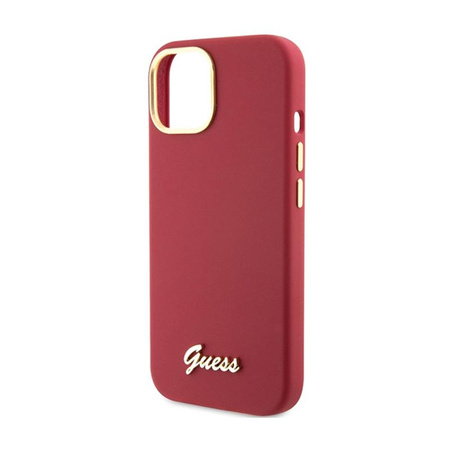 Guess szilikon script fém logó és keret - iPhone 15 tok (magenta)