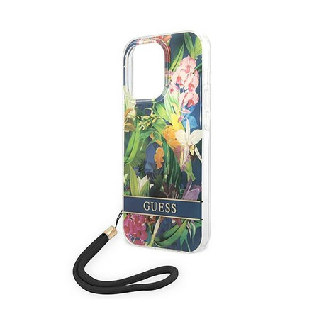 Guess Flower Cord - Etui avec dragonne iPhone 14 Pro Max (bleu)