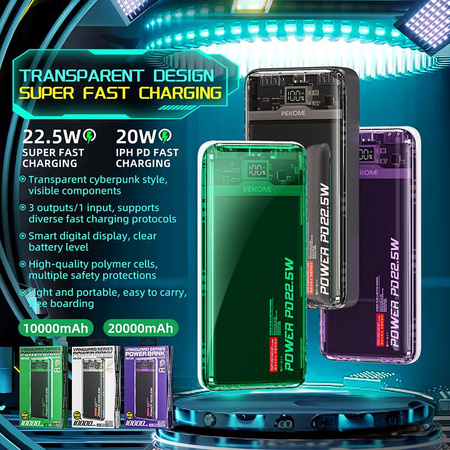 WEKOME WP-351 Vanguard Series - Banque d'alimentation 20000 mAh PD 20W + QC 22.5W (Violet / Transparent)