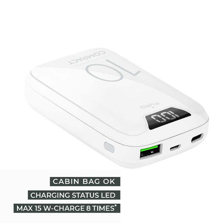 PURO Compact Power Bank - Energiatöltő okostelefonokhoz és táblagépekhez 10000 mAh, USB-A, USB-C, 15 W + LED kijelző (fehér)