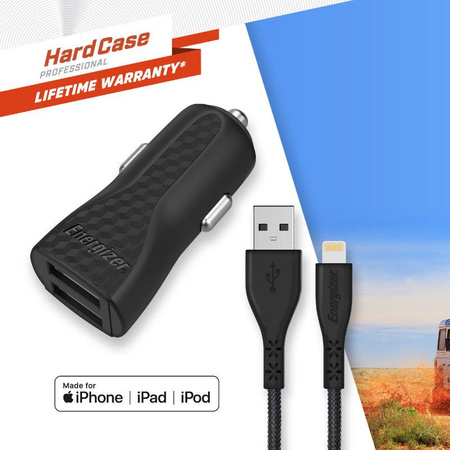 Energizer HardCase - Chargeur voiture 2x USB-A 17W 3.4A + câble Lightning certifié MFi (Noir)