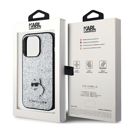 Karl Lagerfeld Fixed Glitter Choupette Logo fém kitűző - iPhone 15 Pro tok (ezüst)