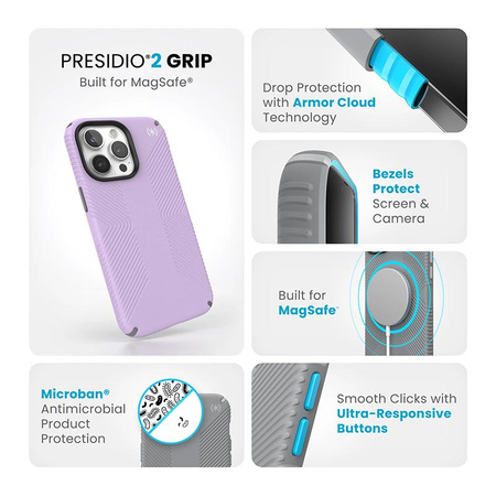 Speck Presidio2 Grip Magsafe - pouzdro pro iPhone 15 Pro Max (Spring Purple / Cloudy Grey / White)