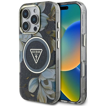 Guess Glitter Virágok háromszög gombok MagSafe - tok iPhone 16 Pro (fekete)