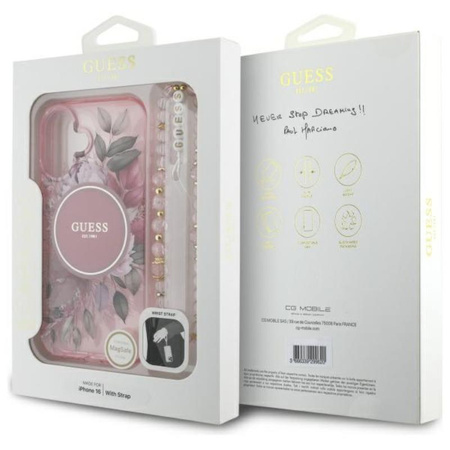 Guess IML Flowers With Pearl Strap MagSafe - iPhone 16 Plus Case (pink)