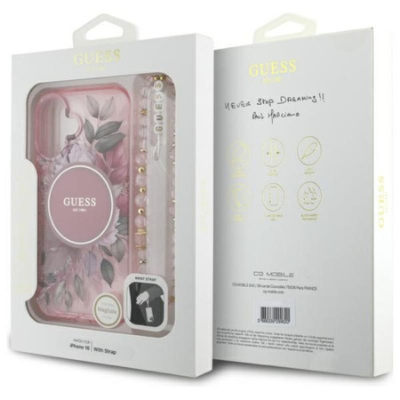 Guess IML Flowers With Pearl Strap MagSafe - Case for iPhone 16 (Pink)
