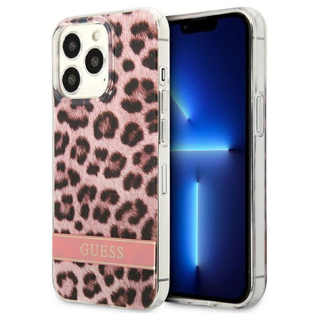 Guess Leopard Electro Stripe - pouzdro pro iPhone 13 Pro (růžové)
