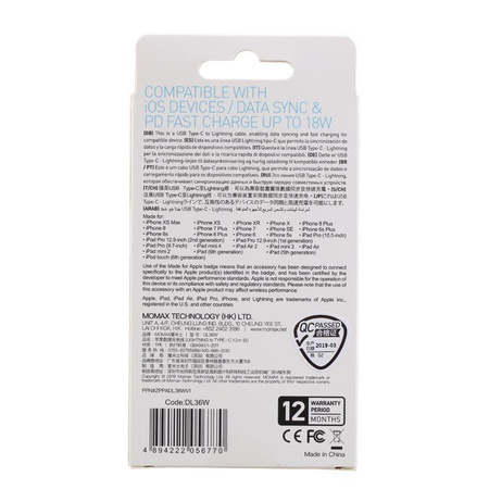 Momax Zero - Câble de connexion USB-C (Power Delivery Fast Charging 3A) vers Lightning MFi 1,2 m (blanc)