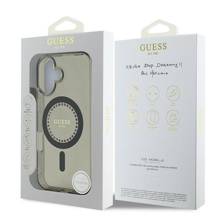 Guess IML Rhinestones MagSafe - Coque iPhone 16 (noir)