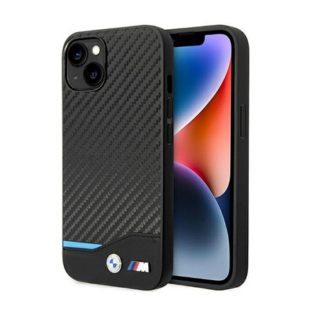 BMW Leather Carbon Blue Line - tok iPhone 14 Plus készülékhez (fekete)